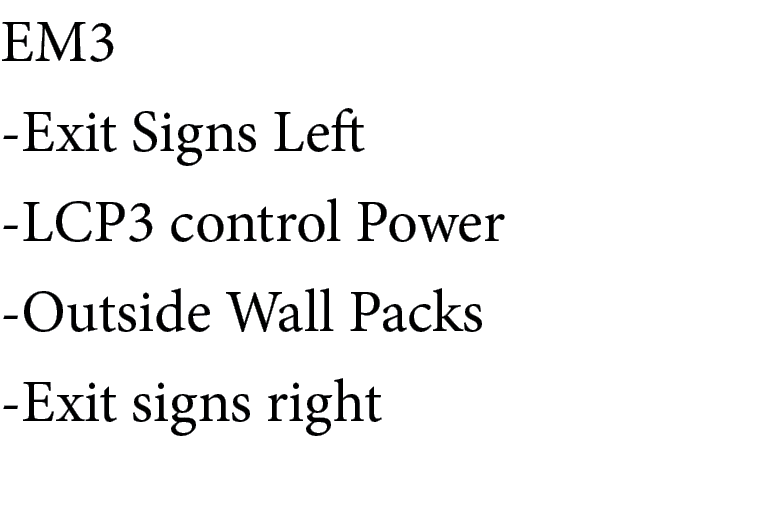 EM3 Exit Signs Left LCP3 control Power Outside Wall Packs Exit signs right 