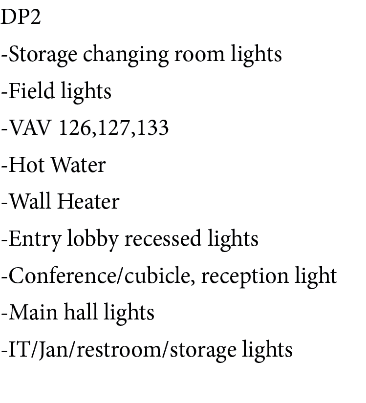 DP2 Storage changing room lights Field lights VAV 126,127,133 Hot Water Wall Heater Entry lobby recessed lights Confe...